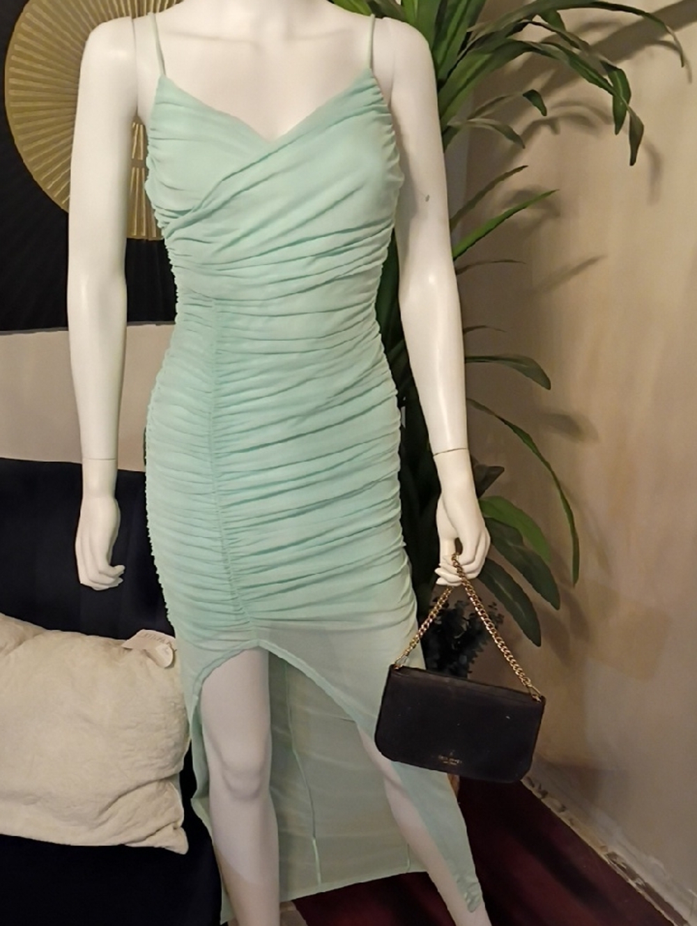 Fashion Nova Mint Ruched High-Low Spaghetti Strap Dress